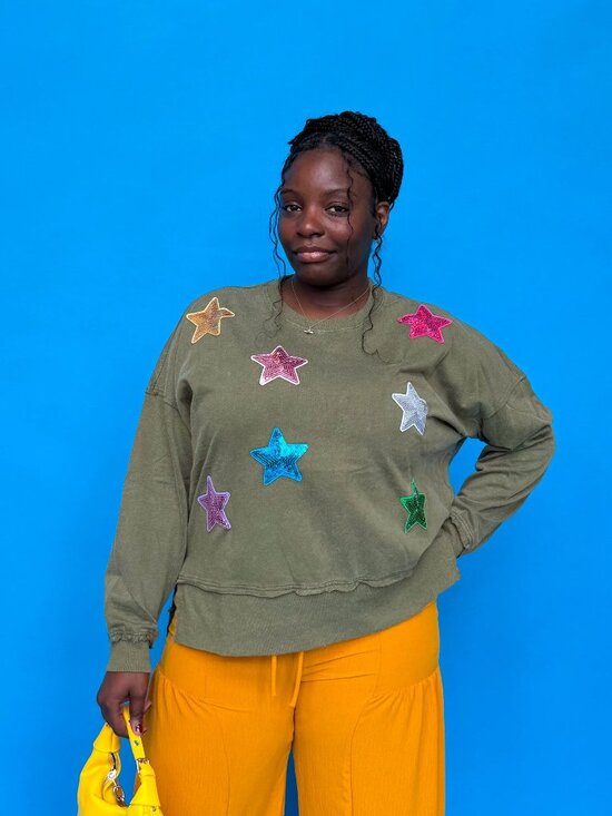 Tops - Olive Green Sequin Star Crewneck